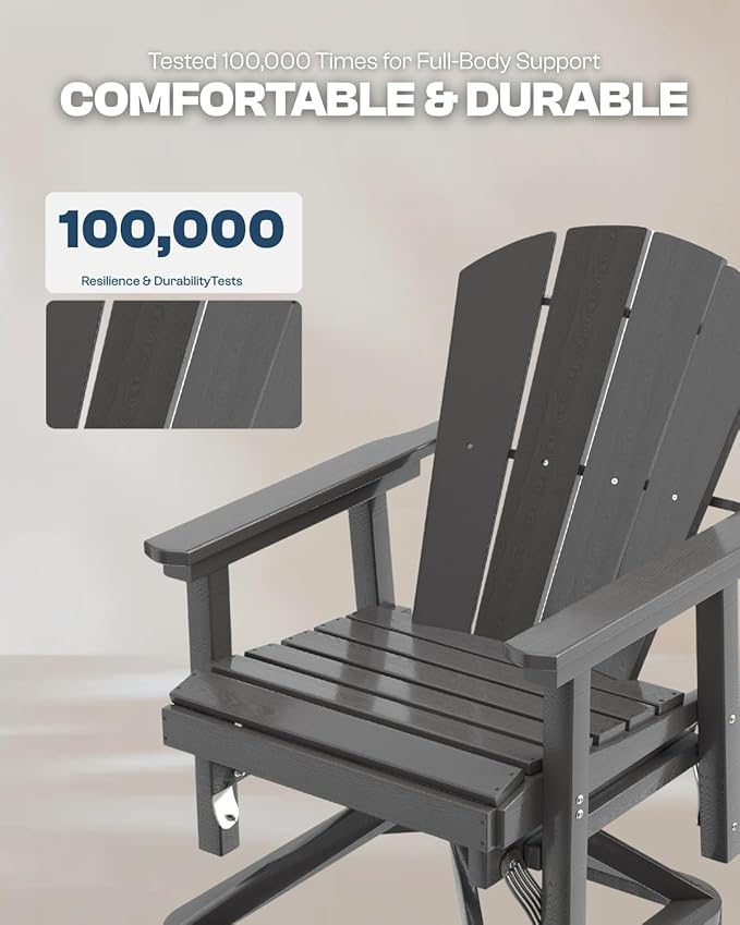 HDPE Outdoor Swivel Glider Chair Set of 2 with Folding Side Table & 9FT Patio Umbrella, Adirondack Wooden Textured Swivel Chairs for Porch, Balcony, Poolside, Backyard (Grey)
