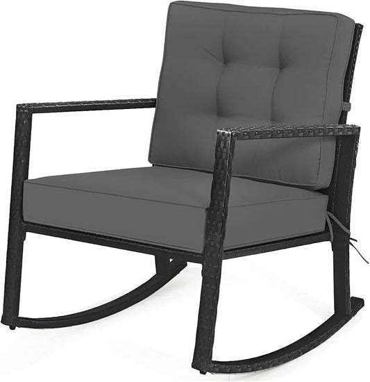 HAPPYGRILL Wicker Rocking Chair, Outdoor Patio Glider Chair with Heavy-Duty Frame, Thick Cushion, Rattan Rocking Chair for Backyard Garden Porch