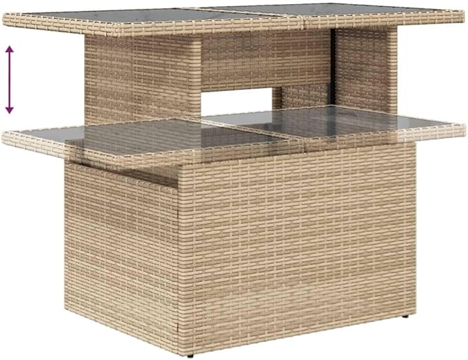 Beige Poly Rattan Height Adjustable Garden Table with Tempered Glass Top Rectangular Outdoor Furniture for Patio - Photo 8