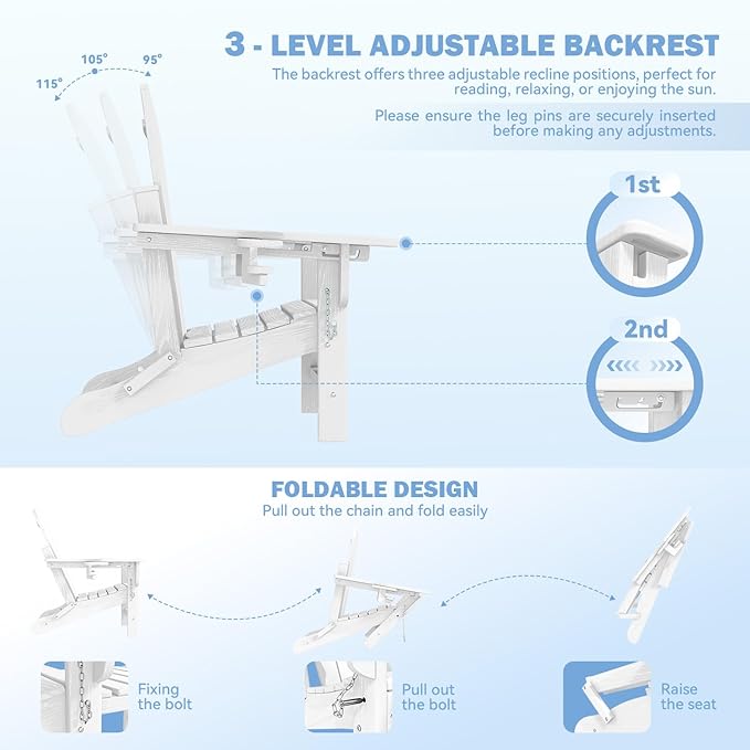 Mdeam 3-Level Adjustable Adirondack Chair with Retractable Ottoman, HDPE All-Weather Folding Fire Pit Chair with 2 Cup Holders, Outdoor Chair for Deck Patio Garden Backyard Lawn (White)