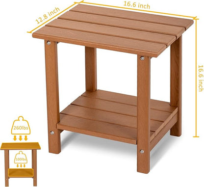 2 Tier Outdoor Side Table with Wood-Like Grain, 16.6" HDPE Adirondack Table Patio Side Table, Weather Resistant End Table for Pool, Patio & Porch, Small Outdoor Table(Teak, Rectangle)