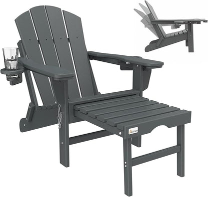 Mdeam 3-Level Adjustable Adirondack Chair with Retractable Ottoman, HDPE All-Weather Folding Fire Pit Chair with 2 Cup Holders, Outdoor Chair for Deck Patio Garden Backyard Lawn (Grey)