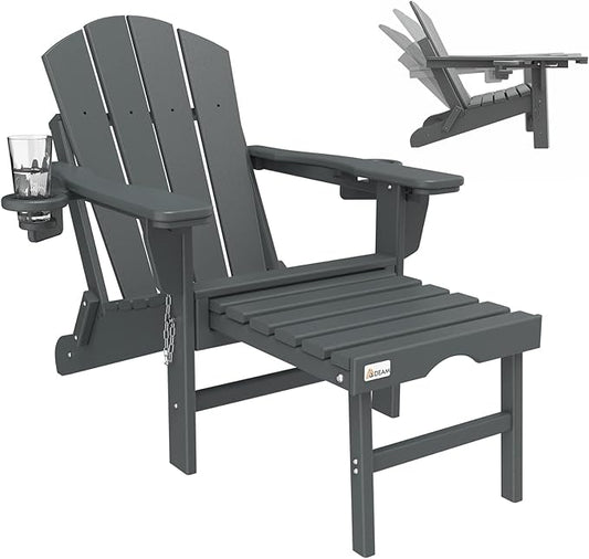 Mdeam 3-Level Adjustable Adirondack Chair with Retractable Ottoman, HDPE All-Weather Folding Fire Pit Chair with 2 Cup Holders, Outdoor Chair for Deck Patio Garden Backyard Lawn (Grey)