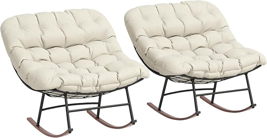 Outsunny Outdoor Rocking Chair Set of 2, Oversized Rocking Papasan Chairs with Cushions, Steel Frame, Comfy Outdoor Rockers for Patio Porch Lawn Garden, Beige