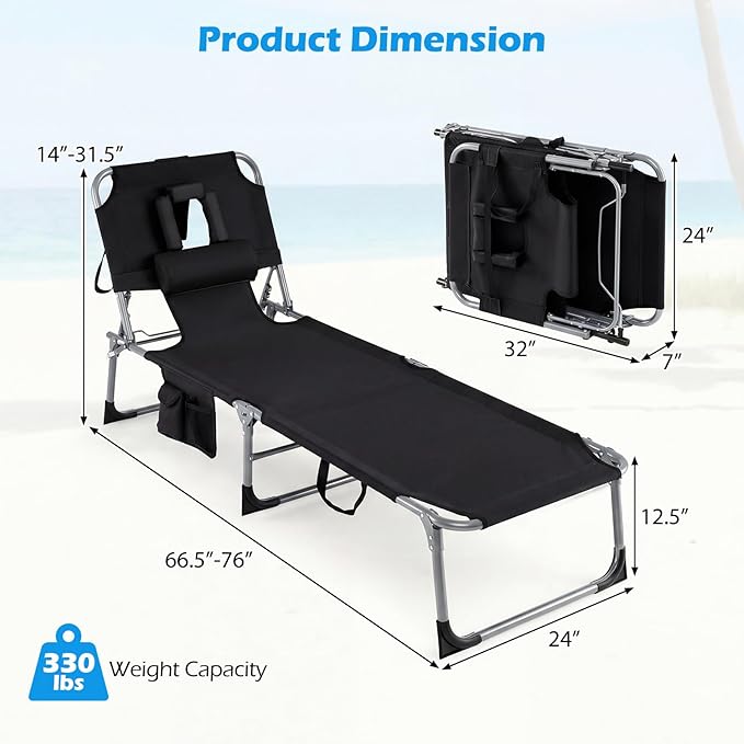 GYMAX Tanning Chair with Face Hole, Sun Bathing Lounge Chairs for Outside with Side Pocket, Folding Portable Face Down Layout Tanning Chair Beach, Backyard, Poolside, Lawn (Black,1)