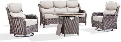 Luxury Patio Furniture Set with 6-inch Thick Cushion, Outdoor Furniture with Fire Pit Table, Swivel Chairs, Sofa, 4pcs Wicker Conversation Set for Deck Yard and Poolside(Beige)