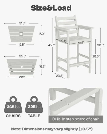Tall Adirondack Chairs Set of 2, Bar Height HDPE Outdoor Chairs with Connecting Tray & Umbrella Hole, Balcony Patio Adirondack Chairs for Deck, Garden, Lawn (White)