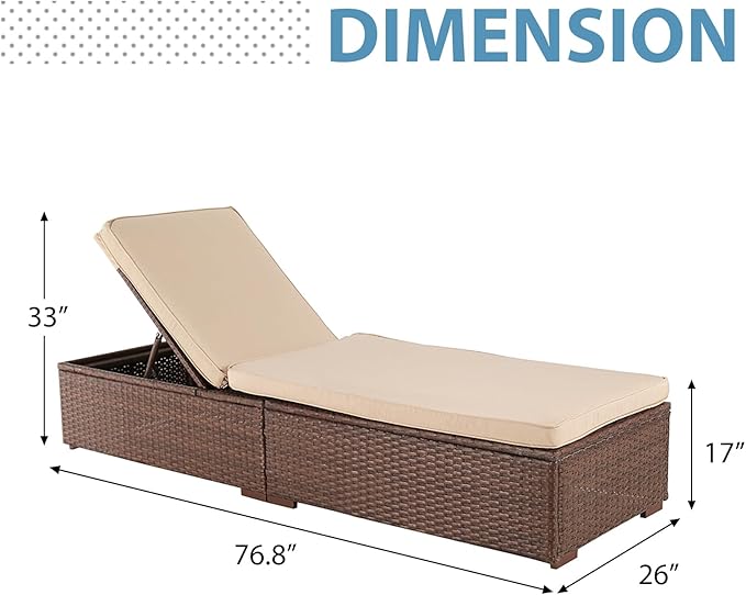 JOIVI Outdoor Chaise Lounge Chair Set of 2, 2 Pieces All-Weather PE Wicker Patio Chairs Pool Lounge Chairs for Outside, Brown Rattan Reclining Outdoor Chair with Adjustable Backrest & Beige Cushion