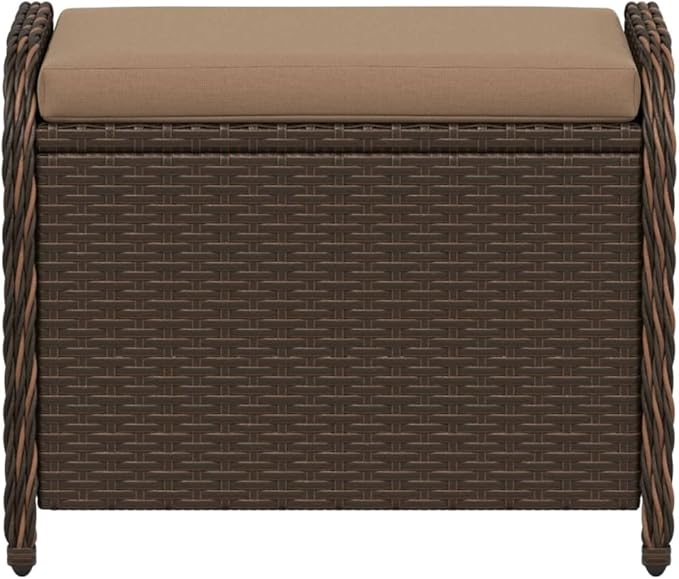 vidaXL Patio Stool with Cushion - Brown Poly Rattan Outdoor Ottoman Seating - Steel Frame - 22.8" x 18.1" x 18.1"