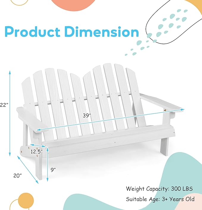 Giantex Kids 2-Seat Adirondack Chair - Fir Wood Double Loveseat with High Backrest, Arm Rest, 300 LBS Weight Capacity, Outdoor All Weather Porch Chair for Balcony, Backyard, Poolside, Yard (1, White)