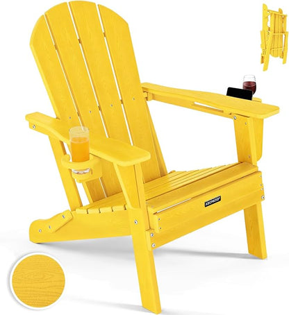 Folding Adirondack Chair with Dual Cup Holders, All-Weather HDPE Patio Chair Deck Chairs Outdoor, Fire Pit Chairs for Garden, Lawn, Poolside, Backyard, Pool - Yellow (Wood-Look)