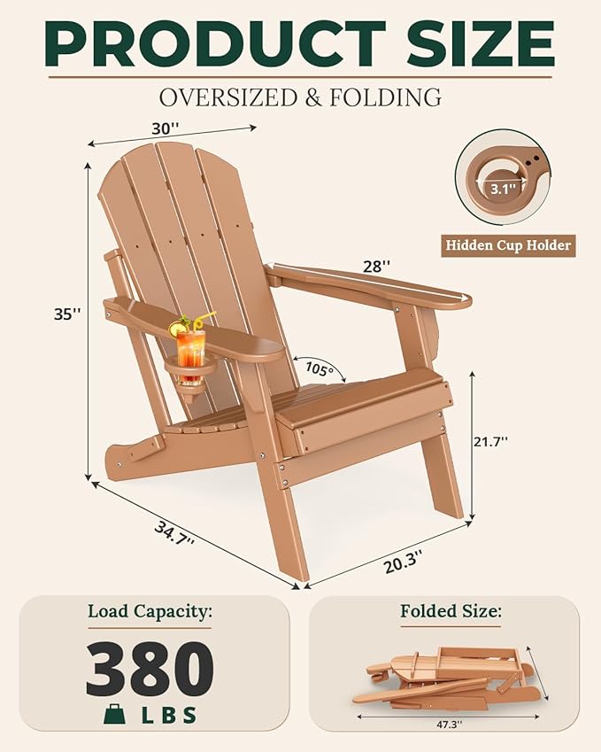 BRIOPAWS Folding-Adirondack-Chairs Set of 2 | HDPE | Fire Pit Chair | Cup Holder | Weather Resistance | Teak | for Outdoor Backyard Deck Patio