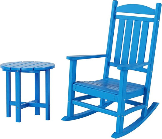 WestinTrends Malibu Malibu Outdoor Patio Porch Rocking Chair with Side Table Set, Pacific Blue