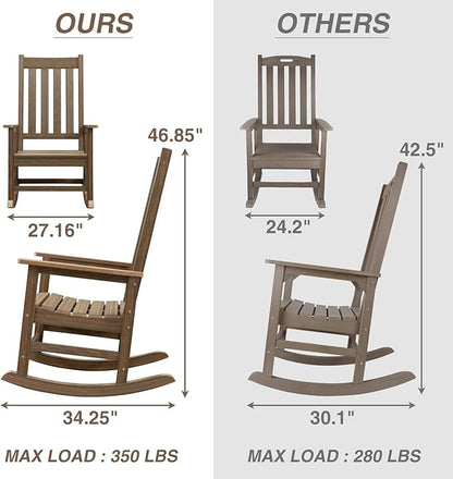 Outdoor Rocking Chair Set of 4, HDPE Oversized Patio Rocking Chairs, Weather Resistant, 350lbs Heavy Duty Porch Rocker with High Back for Backyard, Fire Pit, Garden and Indoor (Bright Brown)
