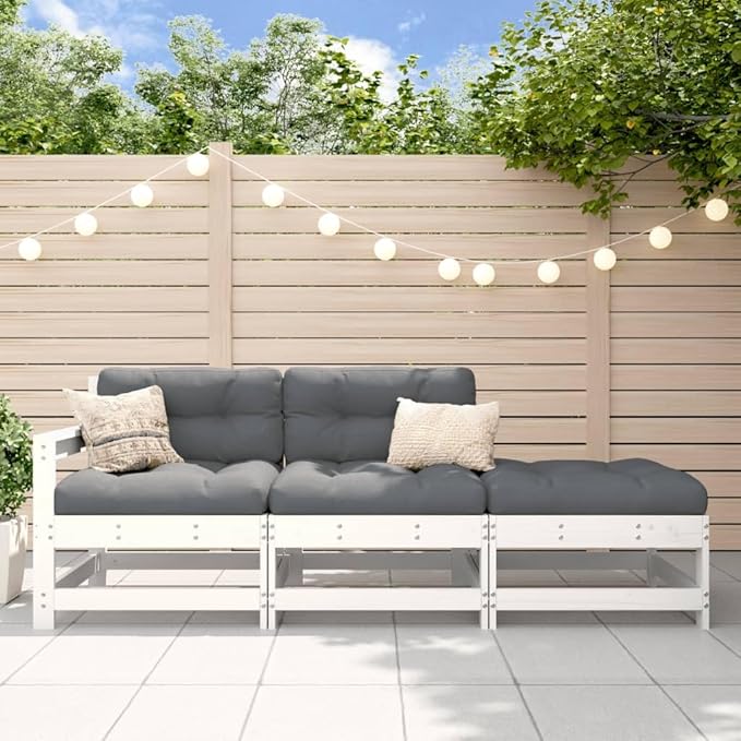 Outdoor Modular Lounge Sofa, Large Solid Pine Wood Garden Patio Middle Seat, Rustic White Finish, 3-Person Modular Seating for Balcony, Porch, and Terrace