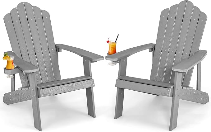 Giantex Outdoor Adirondack Chair - Oversized Patio Chairs w/Hidden Cup Holder, Realistic Wood Grain, 380 LBS Weight Capacity, Weather Resistant Firepit Chairs for Backyard, Garden (2, Light Grey)