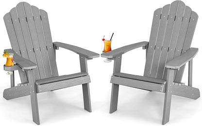 Giantex Outdoor Adirondack Chair - Oversized Patio Chairs w/Hidden Cup Holder, Realistic Wood Grain, 380 LBS Weight Capacity, Weather Resistant Firepit Chairs for Backyard, Garden (2, Light Grey)