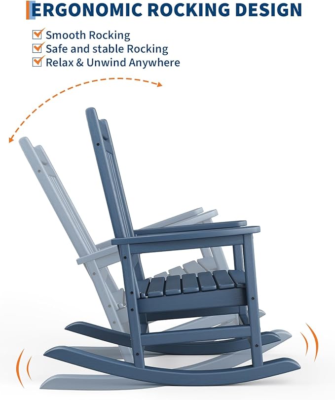 GarveeHome Adirondack Outdoor Rocking Chair, All Weather HDPE Plastic Patio Rocker Chair with Wide Armrests, Classic Fire Pit Chair for Porch, Deck, Lawn, Garde, 380LBs, Easy to Install, Navy Blue