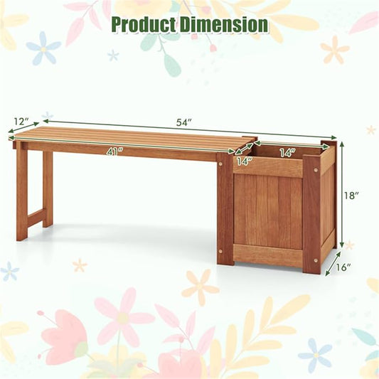 Outdoor Bench with Planter Box 54" Solid Wood Garden Bench and Flower Planter Combo 2-in-1 Seating and Planting Station for Front Porch Patio Deck Natural Finish