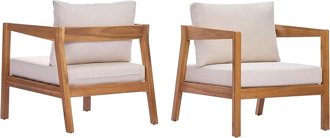 Merax 2 Set 25" Acacia Solid Wood Outdoor Lounge Chair, Teak Finish Frame with Light Grey Cushion, Patio & Garden Chair, Teak+Beige