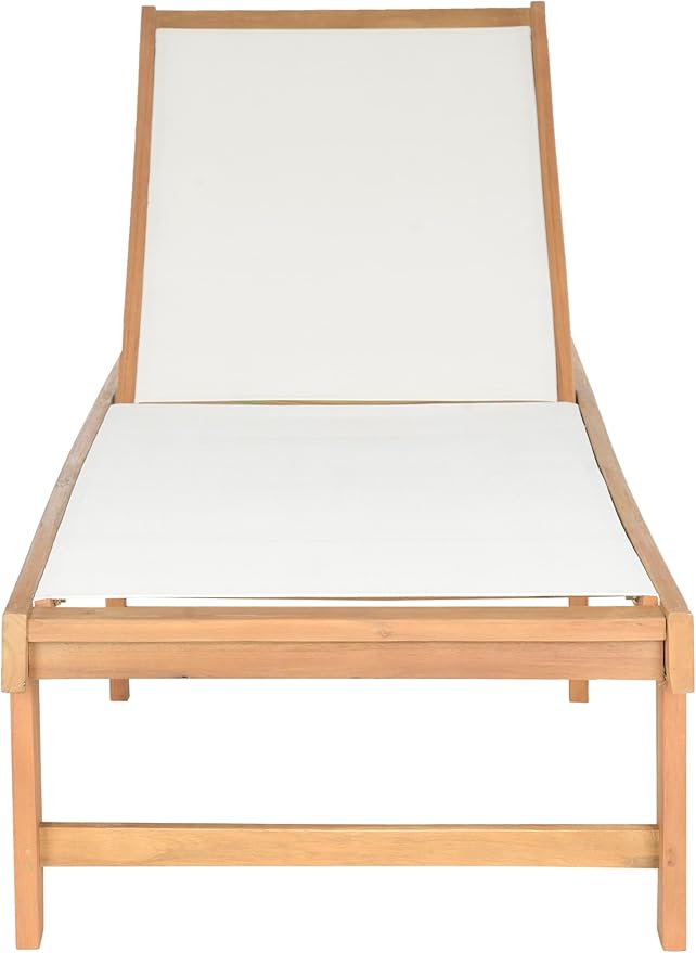 SAFAVIEH Outdoor Collection Manteca Brown Solid Wood/White Texline Fabric Adjustable Chaise Lounge Chair (PAT6708A)