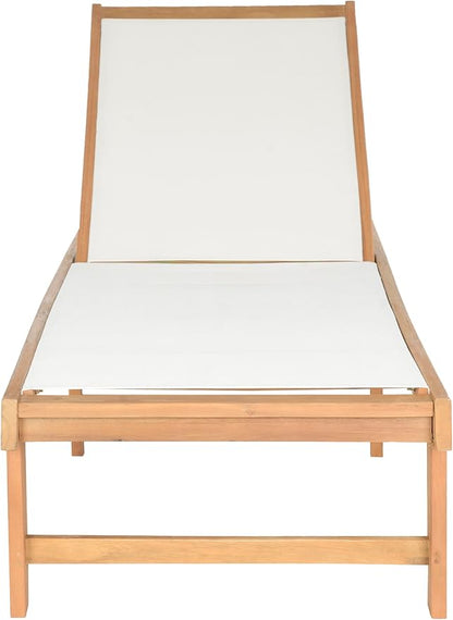 SAFAVIEH Outdoor Collection Manteca Brown Solid Wood/White Texline Fabric Adjustable Chaise Lounge Chair (PAT6708A)