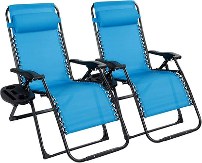 Goplus Oversized Zero Gravity Chair, XL-Extended Version, Outdoor Recliner w/Cup Holder & Detachable Headrest, Foldable Mesh Lounge Chairs for Patio Pool Porch & Deck, 500LBS (Set of 2, Blue)