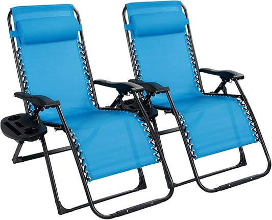 Goplus Oversized Zero Gravity Chair, XL-Extended Version, Outdoor Recliner w/Cup Holder & Detachable Headrest, Foldable Mesh Lounge Chairs for Patio Pool Porch & Deck, 500LBS (Set of 2, Blue)