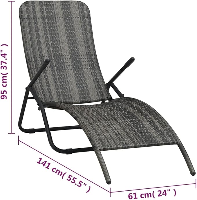 Folding Sun Lounger Grey PE Rattan Outdoor Chaise Lounge Recliner 24"x55.5"x37.4" Lightweight Patio Poolside Chair for - Photo 2