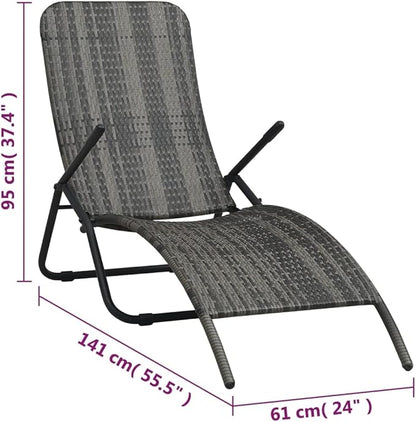 Folding Sun Lounger Grey PE Rattan Outdoor Chaise Lounge Recliner 24"x55.5"x37.4" Lightweight Patio Poolside Chair for Garden, Terrace, Balcony Use