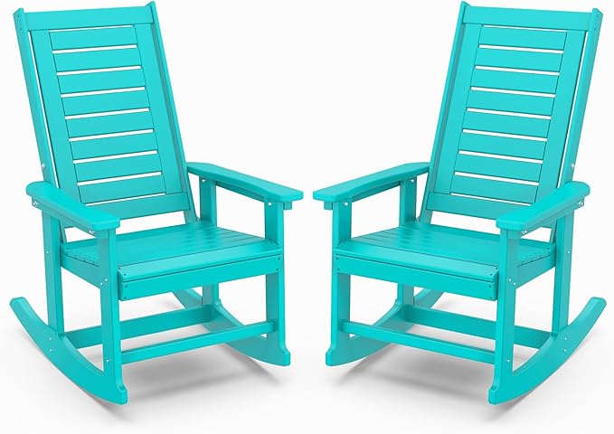 IVY&LANE Outdoor Rocking Chairs Set of 2 | Porch-Rockers | Aqua | HDPE Plastic | All-Weather | High Back | Wide Seat | Oversized Patio Rocker for Adult | for Outside Deck Balcony Garden