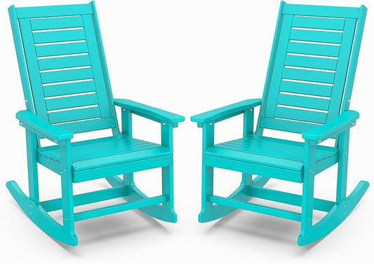 IVY&LANE Outdoor Rocking Chairs Set of 2 | Porch-Rockers | Aqua | HDPE Plastic | All-Weather | High Back | Wide Seat | Oversized Patio Rocker for Adult | for Outside Deck Balcony Garden