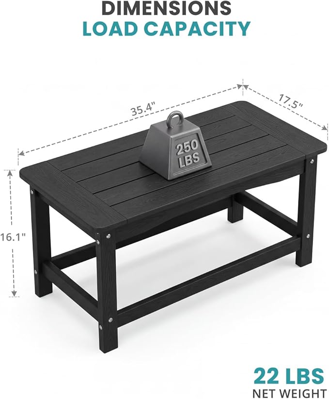 Outdoor Coffee Table for Patio, 35 Inch Rectangle Patio Coffee Table, Black All-Weather Poly Lumber Balcony Table, 250 lb Capacity Small Patio Table for Deck Garden Porch Poolside