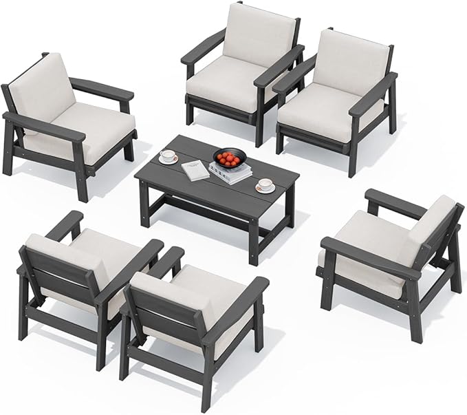 SERWALL HDPE Outdoor Furniture Set, 7 Piece All Weather Wood-Like Outdoor Sofa Sectional Couch - Photo 1