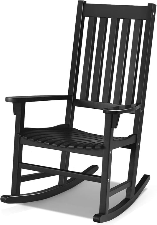 LDAILY Moccha Outdoor Rocking Chair, Acacia Wood Frame, Porch Rocker for Garden, Lawn, Balcony, Backyard and Patio (1, Black)