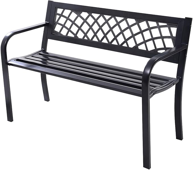 Tangkula Outdoor Garden Bench Park Bench with Steel Frame & PVC Backrest, Park Bench with Large Seat for 2-3 People, Patio Furniture Chair for Yard, Balcony, Porch & Poolside, Garden Welcome Bench