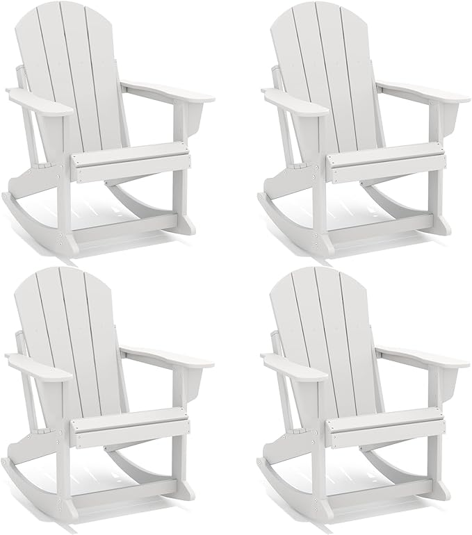 GREENVINES Adirondack Rocking Chairs Set of 4 | HDPE Plastic | Porch Rocker | Chair for Outdoor Patio Deck | All Weather | White