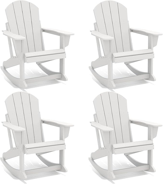GREENVINES Adirondack Rocking Chairs Set of 4 | HDPE Plastic | Porch Rocker | Chair for Outdoor Patio Deck | All Weather | White