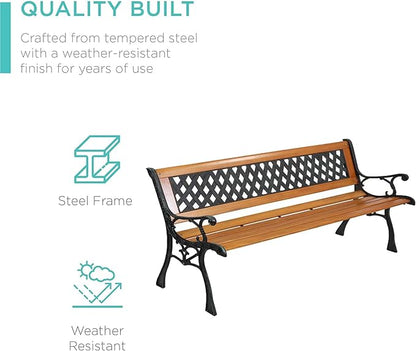 LICOME 49" Garden Bench Outdoor Bench Patio Bench,Cast Iron Metal Frame Patio Park Bench with Floral Pattern Backrest,Arch Legs for Porch,Lawn,Yard(Style2)