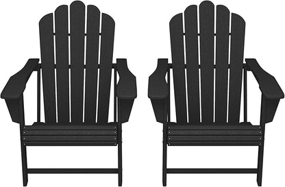 Costaelm Lakeview Outdoor Patio HDPE Adirondack Chairs with Cup Holders (Set of 2), Black