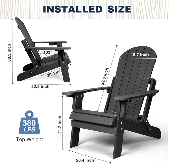 Folding Adirondack Chairs Set of 2, All Weather Resistant Plastic Chairs with Cup Holder, Fold or Unfold Easily in 1 Second, Outdoor Chairs for Patio, Garden, Backyard Deck, Lawn Fire Pit(Black)