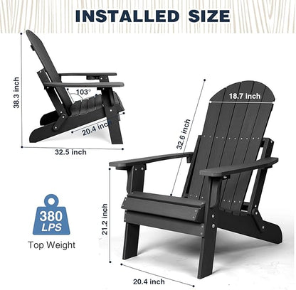Folding Adirondack Chairs Set of 4, All Weather Resistant Plastic Chairs with Cup Holder, Fold or Unfold Easily in 1 Second, Outdoor Chairs for Patio, Garden, Backyard Deck, Lawn Fire Pit(Black)