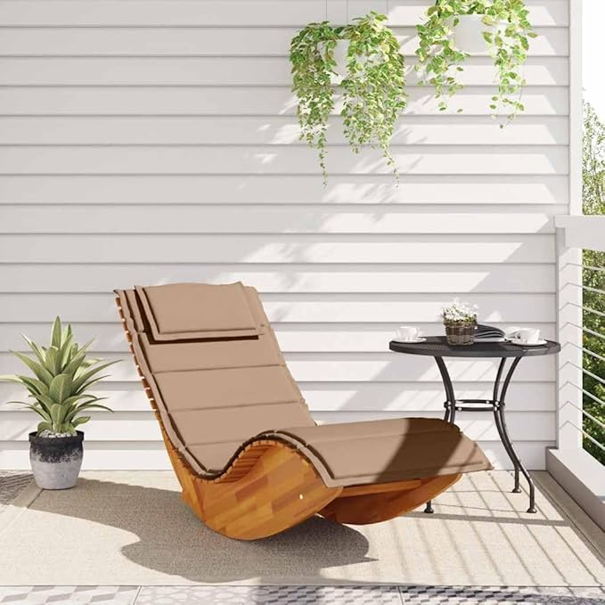 Acacia Wood Rocking Sun Lounger with Taupe Cushion & Pillow, 60.6" x 23.6" x 29.1" Patio Chaise, 242 lb Capacity - Photo 3