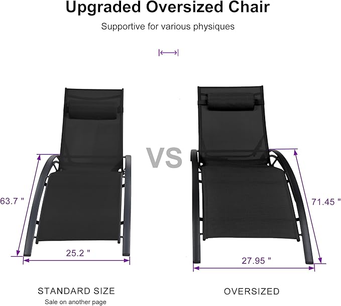 PURPLE LEAF Patio Oversized Chaise Lounge Chair Set with 2 Side Table Pool Adjustable Recliner Chairs for Outside Beach Outdoor Sunbathing Tanning Poolside Lounges