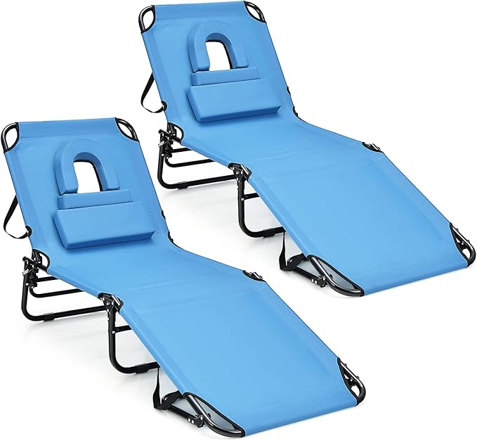 HAPPYGRILL 2PCS Foldable Beach Chaise Lounge Chair with Face Hole & Detachable Pillows - Photo 1