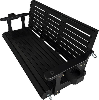 Wooden Porch Swing 3-Seater, High Backrest and Deep Seat, Bench Swing with Cupholders, Hanging Chains and 7mm Springs, Heavy Duty 880 LBS, for Outdoor Patio Garden (Carbon Black, 5 FT Extra Large)