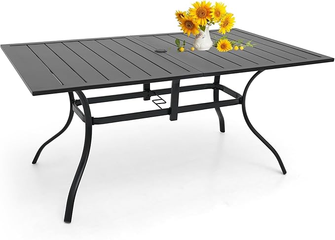 Patio Dining Table for 6 Person, Outdoor Metal 63x38 Inch Rectangle Table with 1.57" Umbrella Hole for Garden Lawn Backyard Poolside Parties, Black