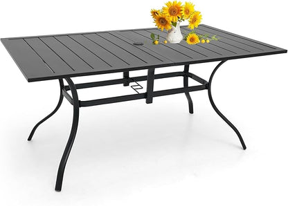 Patio Dining Table for 6 Person, Outdoor Metal 63x38 Inch Rectangle Table with 1.57" Umbrella Hole for Garden Lawn Backyard Poolside Parties, Black