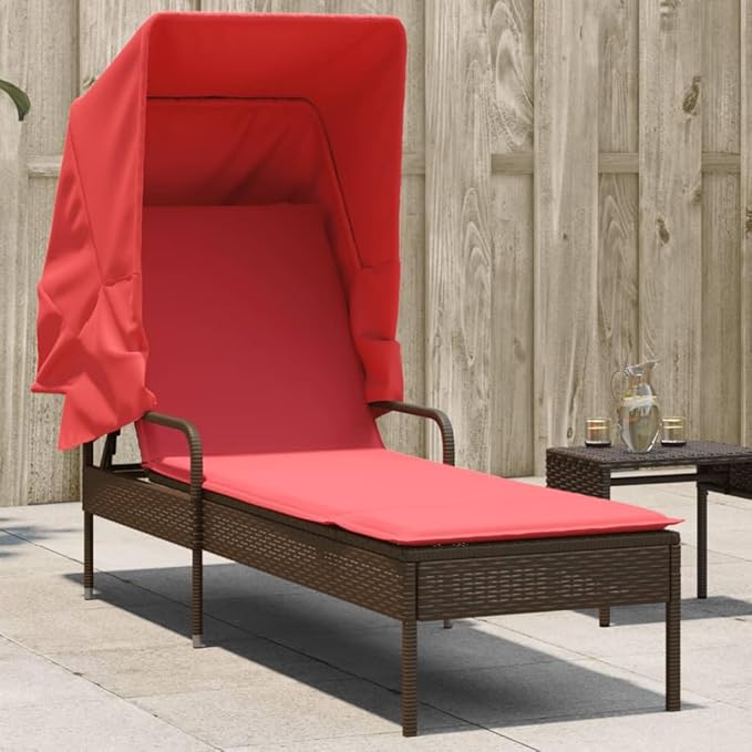 Adjustable Patio Chaise Lounge with Retractable Canopy, Brown Poly-Rattan Outdoor Sunlounger 78.7x24.4x51.2 in - Photo 1