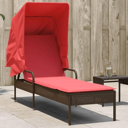 Adjustable Patio Chaise Lounge with Retractable Canopy, Brown Poly-Rattan Outdoor Sunlounger 78.7x24.4x51.2 in, Foldable Poolside Lounge Chair for Garden, Balcony, Terrace